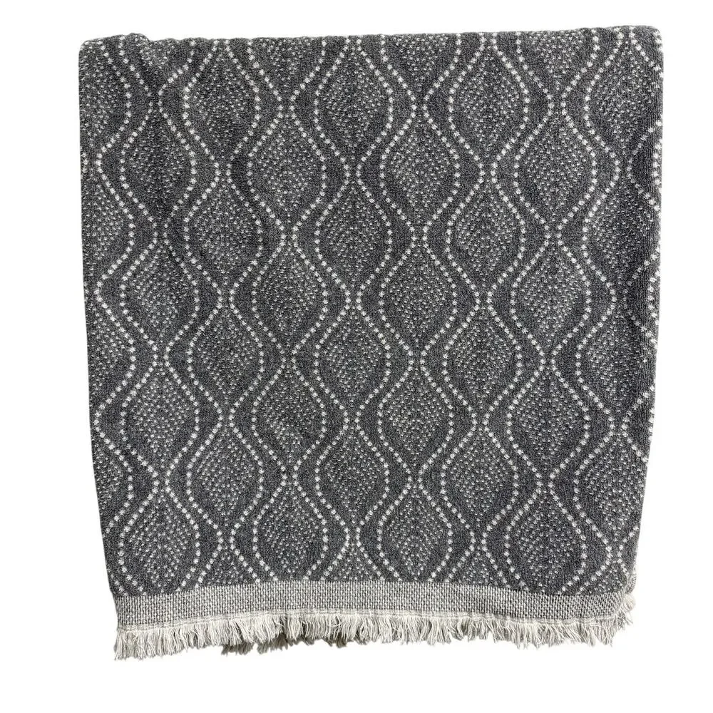 Trident Boho Luxury Bath Towel Gray Ivory Reversible Geometric Fringe Soft 55x30